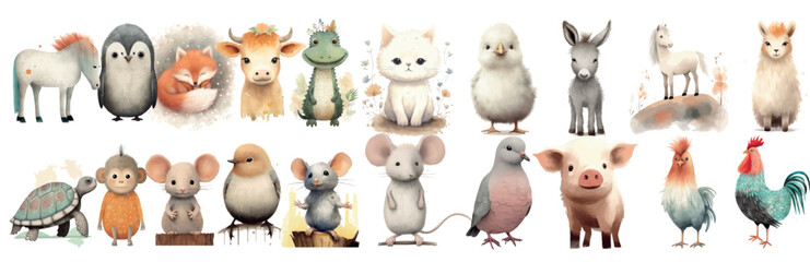 Whimsical Watercolor Collection of Adorable Animals: From Farm to Forest, Showcasing a Variety of Cute Creatures in Soft, Charming Aesthetics