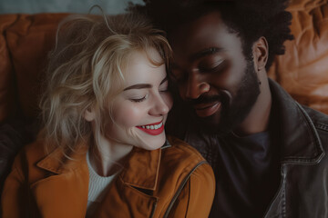 Adult couple in love with afro man and white girl at home on the sofa, family portrait