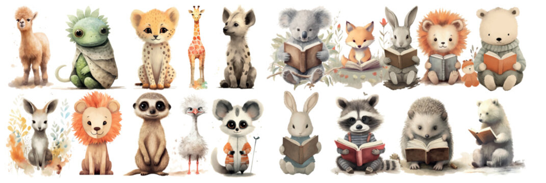Adorable Illustrated Animals Reading Books: A Collection of Cute and Whimsical Characters Engrossed in Reading, Perfect for Children’s Decor or Educational Materials