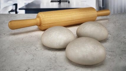 Rolling pin and fresh raw doughs standing on the kitchen counter. 3D illustration