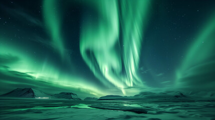 Green Northern Lights at night over the ice at the North Pole.