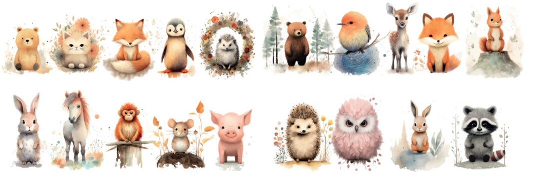 Adorable Collection of Watercolor Animals: Bears, Foxes, Birds, and More for Children’s Illustrations and Greetings