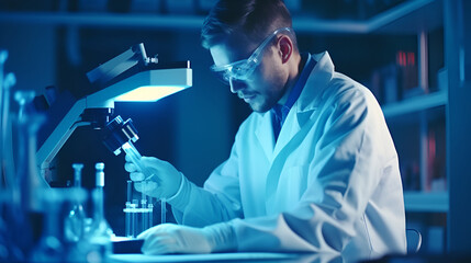 Medical researcher in a laboratory examining a new sample under a microscope. Science, technology