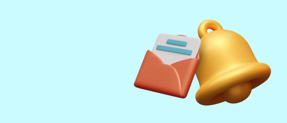 Notification concept in plasticine style. Open envelope with letter, golden bell
