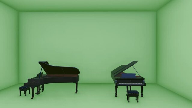 a green cube room with a piano in it