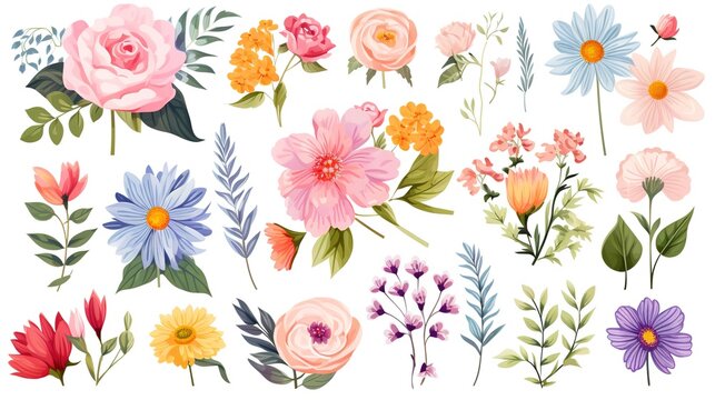 Set of floral elements - Colorful flowers, leaves arrangement in bouquet for Wedding card , poster, invite, fabric, clothes, web, backgrounds, compositions. Vector Illustration Design, generative ai
