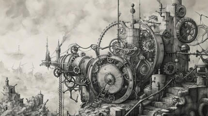 Intricate Steampunk Machinery Landscape Amidst Cloudy Atmosphere