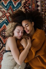 close-up photo of two women hugging each other and lying on carpet