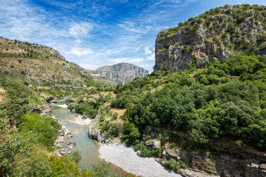 Canyon of the Tara river in mountains of Montenegro covered with green woods