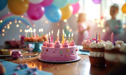 pink birthday cake with candles, people, table, birthday party for children, children having fun, colorful cake, rainbow, multicolored balloons, chocolate, sugar and candies, sweet, Generative AI  - Powered by Adobe