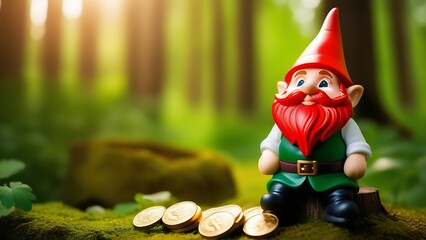 A fabulous leprechaun figurine, a cheerful dwarf with a red beard and a green suit, sits on a stump in the forest next to a pot of gold coins on St. Patrick's Day