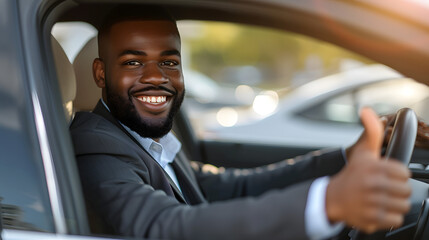 African American black businessman in suit driving new car, smiling happy and showing thumb up, business entrepreneur success concept