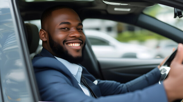 African American black businessman in suit driving new car, smiling happy and showing thumb up, business entrepreneur success concept