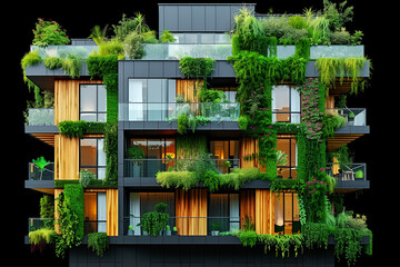 Eco-friendly building in modern city. Sustainable glass office building with trees for reducing carbon dioxide. Office building with green environment. Corporate building reduce CO2