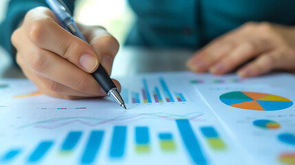 Close up female accountant's hands at desk using chart for financial reporting in office business finance concept. Generative AI illustration 