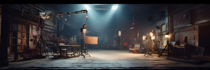 Film and cinema studio illustration and empty movie set with no people in panoramic interior