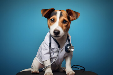 Jack Russell Terrier as a doctor vet portrait isolated with a stethoscope and doctor uniform