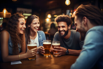Illustration of a group of friends at a bar, drinking beer and talking and smiling