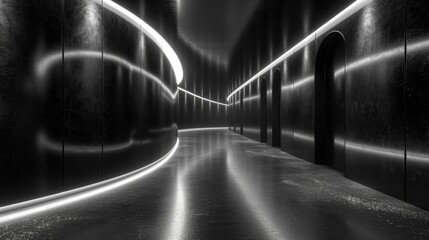 A monochromatic night illuminated by a single line of white lights, leading down a black hallway lined with arched doors, evoking a sense of minimalist beauty and structured infrastructure