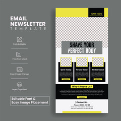 Fitness workout email newsletter Editable template for sports training email template, website landing page , vertical fitness poster or roll up banner,
website interface layout template vertical des