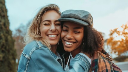 close-up photo of two smiling women hugging each other