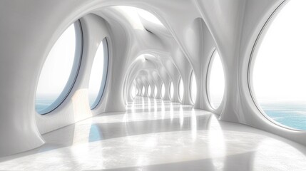 A serene and ethereal journey through a luminous white bent tunnel, adorned with circular portals