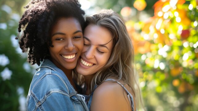 close-up photo of two smiling women hugging each other