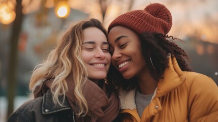 close-up photo of two smiling women hugging each other