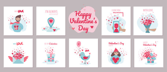 Fototapeta na wymiar Valentines set cards in minimal cartoon style. Cute illustrations with a love message.