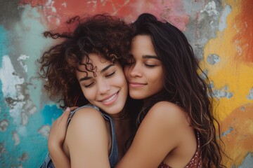 close-up photo of two smiling women hugging each other