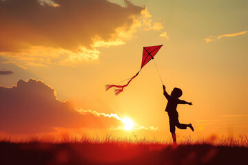 Happy child flying a kite at sunset. AI generative - obrazy, fototapety, plakaty