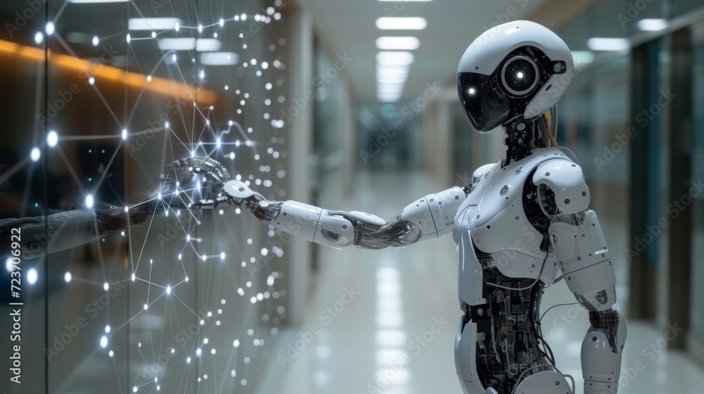 Aufkleber Using AI robots for diagnosis, care, and improving accuracy in patient treatment in the future. Medical research and development innovation technology to improve patient health.