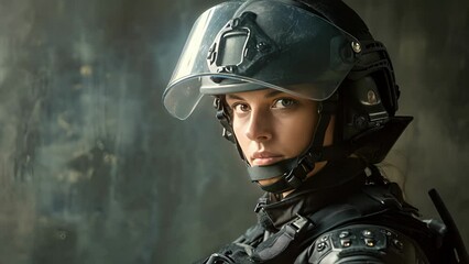 A portrait of the officer in their protective gear, looking directly at the camera with a confident and prepared expression, ready to face any potential danger.