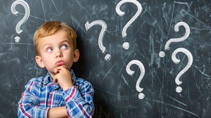 A cute little funny boy is thinking while standing near a gray wall with many question marks. Knowledge and search for answer concept, children's learning