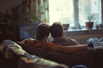 gay couple sitting and talking on sofa and looking at window on a sunny day