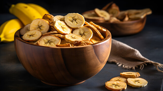 Banana chips in a wooden bowl on a dark background. Dried Banana Chips Snacks, Kela Waffles, Kerala Food, Fried Spicy & Savory Food