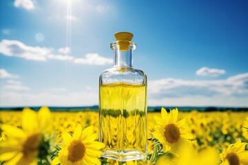 Sunflower oil bottle amidst blooming sunflowers - captivating blue sky background with text space