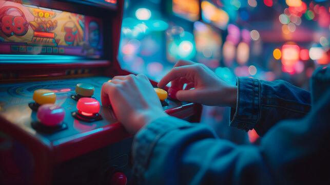 Playing an arcade game with a closeup of hands