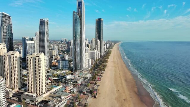 Gold Coast, Australia: Aerial view of skyscraper skyline of famous resort city on east coast of Queensland, Surfers Paradise Beach and Pacific Ocean