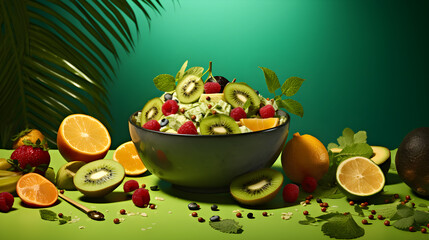 Delicious fruit salad in a bowl on a green isolated background