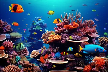 Fototapeta na wymiar Exquisite coral reef teeming with colorful exotic tropical fish in vibrant underwater habitat