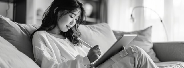 black and white portrait of a woman studying in a room 