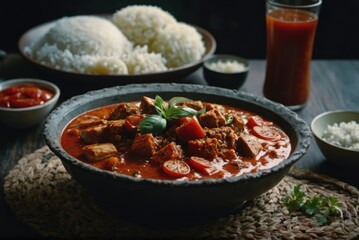 A popular dish made with fish, tomatoes, onions, and spices, cooked in palm oil and served with rice or fufu by ai generated