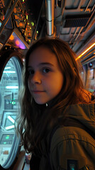 Selfie Phone Photo of a Teen Girl at a Science Museum Space Ship: Capturing the Excitement of Discovery and Exploration in a Futuristic Setting