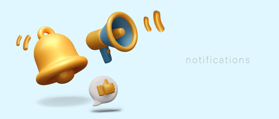 Notification concept on blue background. Realistic horn, gold bell, thumbs up speech bubble