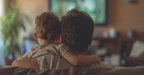 A father and a child sitting on sofa in living room and watching television, back view angle