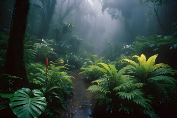 Obraz na płótnie Canvas Misty Rainforest - dense green jungle