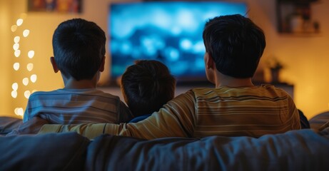 A father and children sitting on sofa in living room and watching television, back view angle