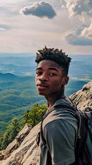 Naklejka premium Selfie Phone Photo of a Black Teen on Top of a Mountain: A Moment of Triumph and Reflection