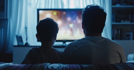 A father and a child sitting on sofa in living room and watching television, back view angle
